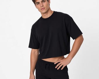 Men's Cropped T-Shirt, Boxy Fit Black Short Sleeve Casual Streetwear Top