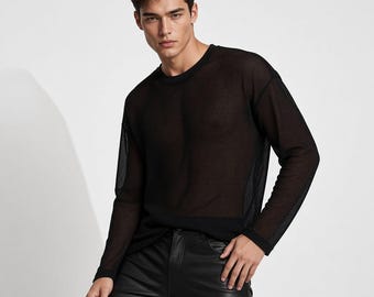 Men's Black Mesh Shirt, Sheer Long Sleeve Top, Gothic Streetwear Fashion