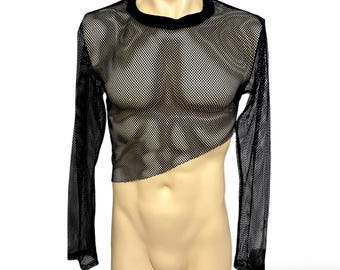 Mens Mesh Long Sleeve Crop Top – Fitted See-Through Fishnet Shirt
