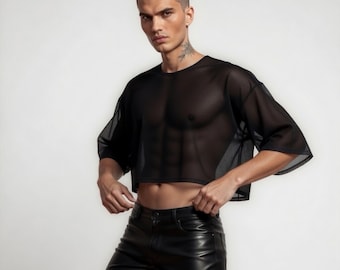 Sheer Black Mesh Crop Top – Men’s See Through T-Shirt – Minimalist Clubwear