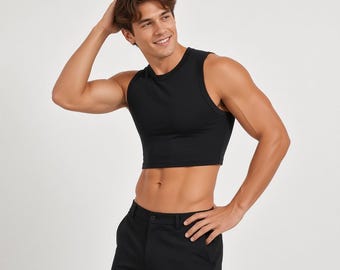 Men's Cropped Tank Top, Sleeveless Muscle Shirt, Fitted Athletic Workout Top