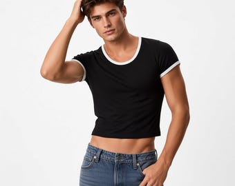 Men's Black Cropped T Shirt, Slim Fit Ringer Tee, Y2K Streetwear