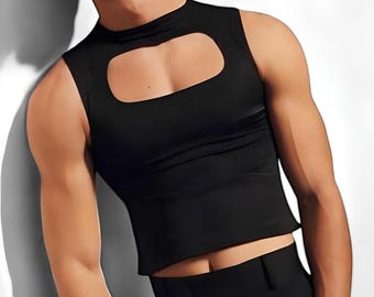 Unisex Black Crop Top: Handmade Hollow-Out Sleeveless Shirt
