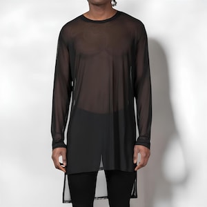 See Through Mesh Shirt, Men Sheer Shirt, Black Transparent Top, Long Sleeve Top