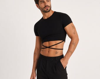 Men's Black Crop Top, Fitted Cropped T Shirt, Alternative Streetwear Shirt, Gothic Fashion