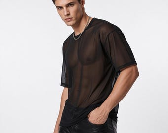 Men's Black Sheer Mesh T-Shirt, Oversized Transparent Shirt, Gothic Streetwear Top