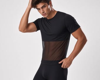 Men's Black Mesh Crop Top Short Sleeve Sheer T-Shirt Festival Club Wear