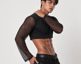 Men's Black Mesh Sleeve Crop Top Gothic Streetwear Club Shirt Alternative Fashion