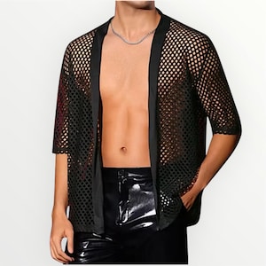 Men Sheer Mesh Shirt, Open Front Sheer Mesh Shirt, Vintage Shirts For Men