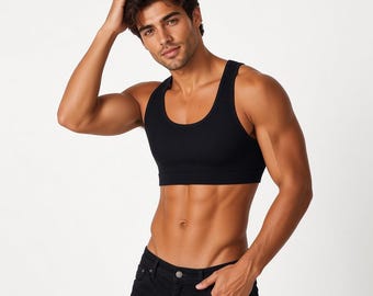 Men's Black Crop Tank Top, Ribbed Gym Shirt, Fitted Sleeveless Workout Top