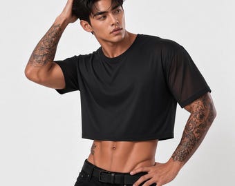Men's Black Crop Top with Mesh Sleeves, Gothic Streetwear T Shirt