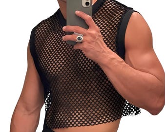 Men's Black Mesh Crop Tank Top, Sheer Sleeveless Tee