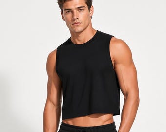 Men's Black Cropped Tank Top, Sleeveless Gym Shirt, Streetwear Workout Top