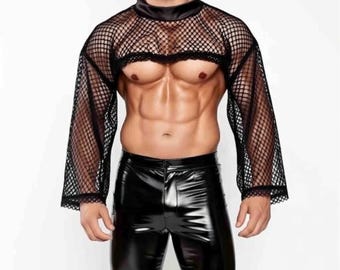 Men’s Micro Mesh Crop Top – Sheer Long Sleeve Rave & Clubwear Shirt, Sexy Festival Outfit
