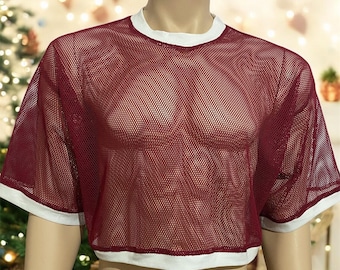 Haut Crop Top Homme Transparent Mesh - Manches Longues - 90% Polyester 10% Spandex - Neuf