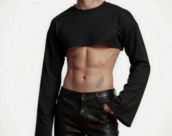 Unisex Black Long Sleeve Crop Top – Minimalist Streetwear Festival Shirt, Modern Edgy Fashion