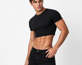 Men's Black Crop Top, Fitted Short Sleeve Shirt, Minimalist Streetwear Style