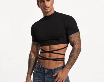 Men's Black Cropped Mock Neck Top, Fitted Short Sleeve Crop Shirt, Gothic Streetwear