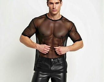 Men’s Black Mesh T Shirt – Sheer See Through Short Sleeve Top, Rave Festival Clubwear Streetwear