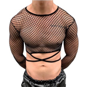 Mesh Crop Top, Langarm, schiere schwarze Top, Männer Crop Top
