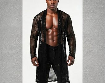 Men’s Black Long Mesh Cardigan – Open Front Fishnet Robe, Sheer Festival Rave Clubwear Streetwear