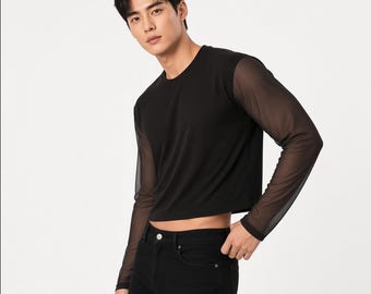 Men's Black Cropped Long Sleeve Shirt, Sheer Mesh Top, Y2K Streetwear