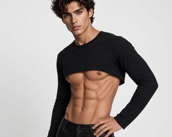 Men's Black Long Sleeve Crop Top, Fitted Cropped Shirt, Gothic Streetwear