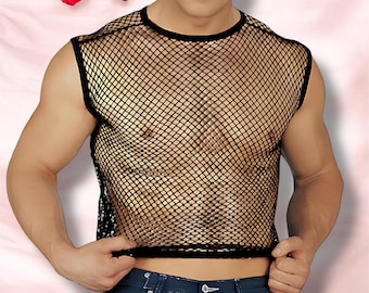 Top corto de malla transparente para hombre, ropa de club rave, camisa sin mangas