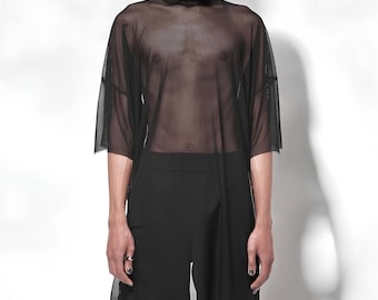 Unisex Sheer Black Top: Long Sleeve Transparent Shirt