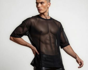 Sheer Black Mesh Crop Top for Men – Transparent Tulle T-Shirt, Sexy Clubwear, Minimalist Fashion