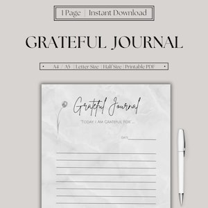 Plantilla imprimible de diario de agradecimiento, diario de gratitud, diario de atención plena, registro de reflexión, tamaño A4/A5/carta/medio, descarga instantánea