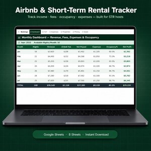 Airbnb Inkomstspårning Google Sheets | STR Värdkostnad Beläggningsgrad Semesterbostad