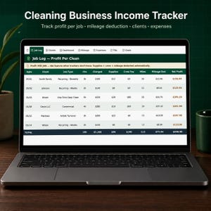 May include: A laptop displaying a "Cleaning Business Income Tracker" spreadsheet. The screen shows job logs, client details, and financial data, including profit per job, mileage deduction, and expenses. The laptop is open on a wooden surface.