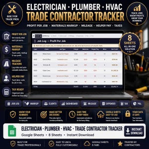 May include: A laptop screen displays a contractor tracker for electricians, plumbers, and HVAC professionals. The software includes profit per job, materials markup, mileage tracking, and helper pay calculations. The design is dark with white text and icons.
