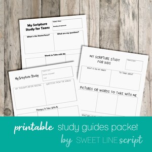 Peut inclure: Trois guides d'étude imprimables blancs pour adolescents et enfants avec du texte noir. Les guides comprennent des sections pour les notes et les questions. Le bas de l'image contient le texte "printable study guides packet by SWEET LINE script."