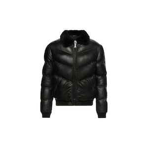 Blouson en cuir matelassé Ace pour homme, blouson aviateur chaud fait main en peau de mouton noire, col doux, 100 % véritable doudoune, cadeau pour lui.