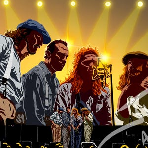 Peut inclure: Illustration d'un groupe se produisant sur scène sous des projecteurs lumineux. L'œuvre présente quatre musiciens au premier plan, avec un microphone devant le chanteur principal. La palette de couleurs comprend des jaunes, des oranges et des bruns chauds.