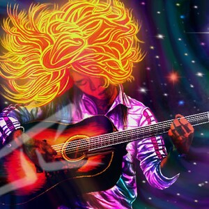 Puede incluir: Ilustración digital de una persona tocando una guitarra acústica. La persona tiene el pelo naranja brillante y lleva una camisa a cuadros. El fondo es una colorida representación del espacio con estrellas.