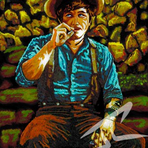 Peut inclure: Peinture artistique d'un homme portant un chapeau de cowboy, une chemise bleue et des bretelles, fumant une cigarette. Le fond présente un motif texturé et coloré. L'homme tient une canette. L'œuvre a un style illustratif vintage.
