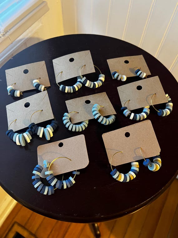 Handmade Polymer Clay Hoop Earrings | Lightweight Dangles, Hypoallergenic Hardware | Navy, White and Blue