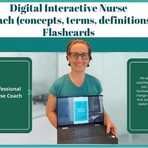 Könnte beinhalten: Digitale interaktive Nurse Coach-Lernkarten mit Konzepten, Begriffen und Definitionen. Der Bildschirm zeigt eine Karte mit dem Titel Professional Nurse Coach sowie einen Text, der eine Pflegekraft definiert, die Coaching-Kompetenzen integriert.