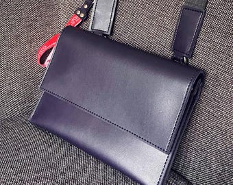 Dark Blue Vegan Leather Crossbody Bag – Minimalist Shoulder Purse, Mini Handbag, 3-department Bag