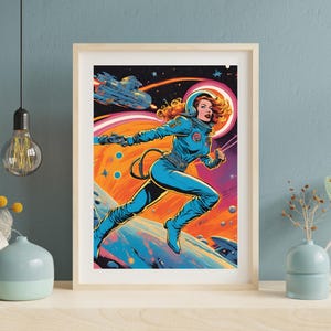 Retro Futuristic Sci-Fi Space woman Warrior Astronaut Pulp Art Poster Print | Vintage Sci-Fi | | Wall Decor | Mid-Century Modern Art