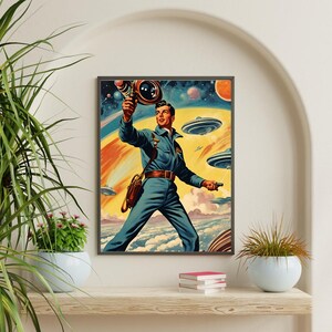 Retro Futuristic Sci-Fi Space Warrior | Astronaut Pulp Art Poster Print | Wall Decor | Vintage Sci-Fi | Mid-Century Modern Art