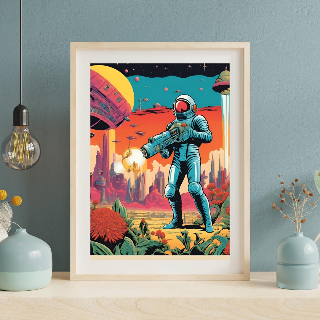 Retro Futuristic Sci-fi Space Woman Warrior Astronaut Pulp Art Poster ...