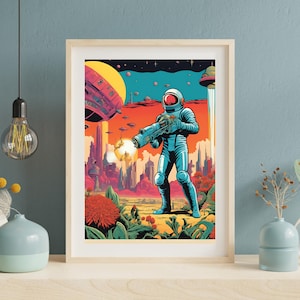 Retro Futuristic Sci-Fi Space woman Warrior Astronaut Pulp Art Poster Print | Vintage Sci-Fi | | Wall Decor | Mid-Century Modern Art
