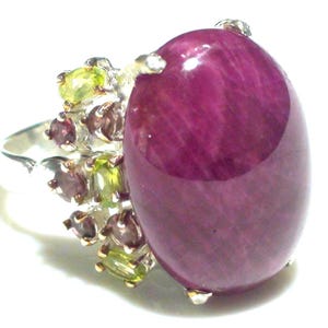 Handgemachter 50.30 ct Kirsch-Rubin-Ring: Peridot & Turmalin, 925 Sterling Silber, Gr. 9
