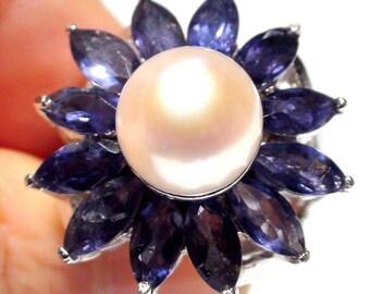 Iolite Pearl Ring, 925 Sterling Silver, Size 7