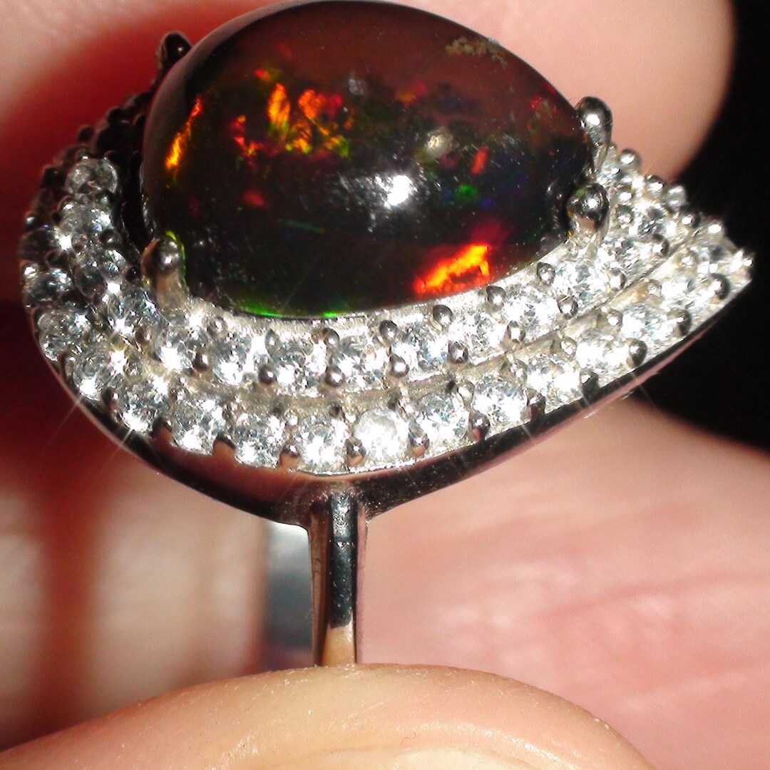 Black Ethiopian Opal Ring: 2.5 Ct Pear Cabochon, 925 Sterling Silver ...