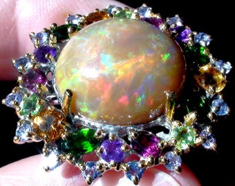 25.0 carat Handmade Chocolate brown Fire Opal, Chrome Diopside, Citrine, Tanzanite Ring Gold plated solid 925 Sterling Silver. Size 8.Rare.